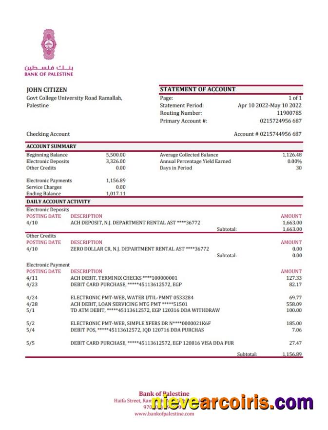 Palestine Bank of Palestine bank statement xls